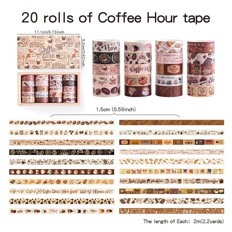 icceemee 20 Rolls Coffee Theme Washi Tape Set, Writable Decorative Tapes for Scrapbooking, Junk Journal Supplies, Bullet Journaling, Bullet Journaling, 0.6"x79" per Roll - Image 2